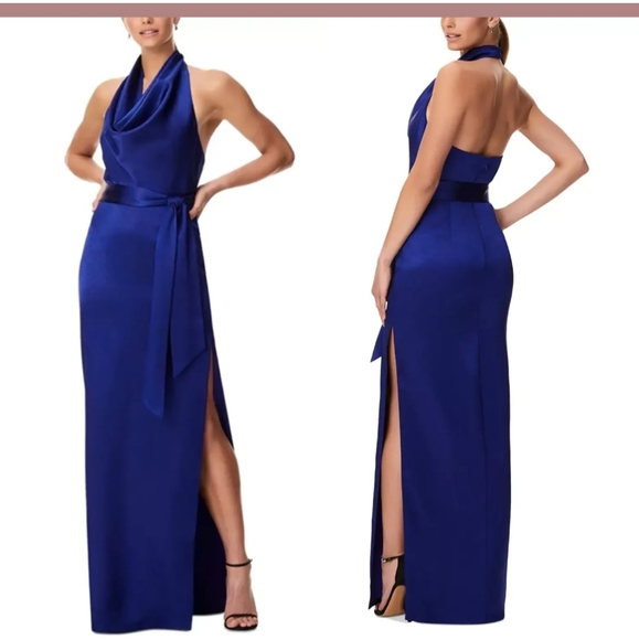Aidan by Aidan Mattox Satin Cowl Neck Gown Women's 14 NWT Royal Sapphire - Picture 1 of 10